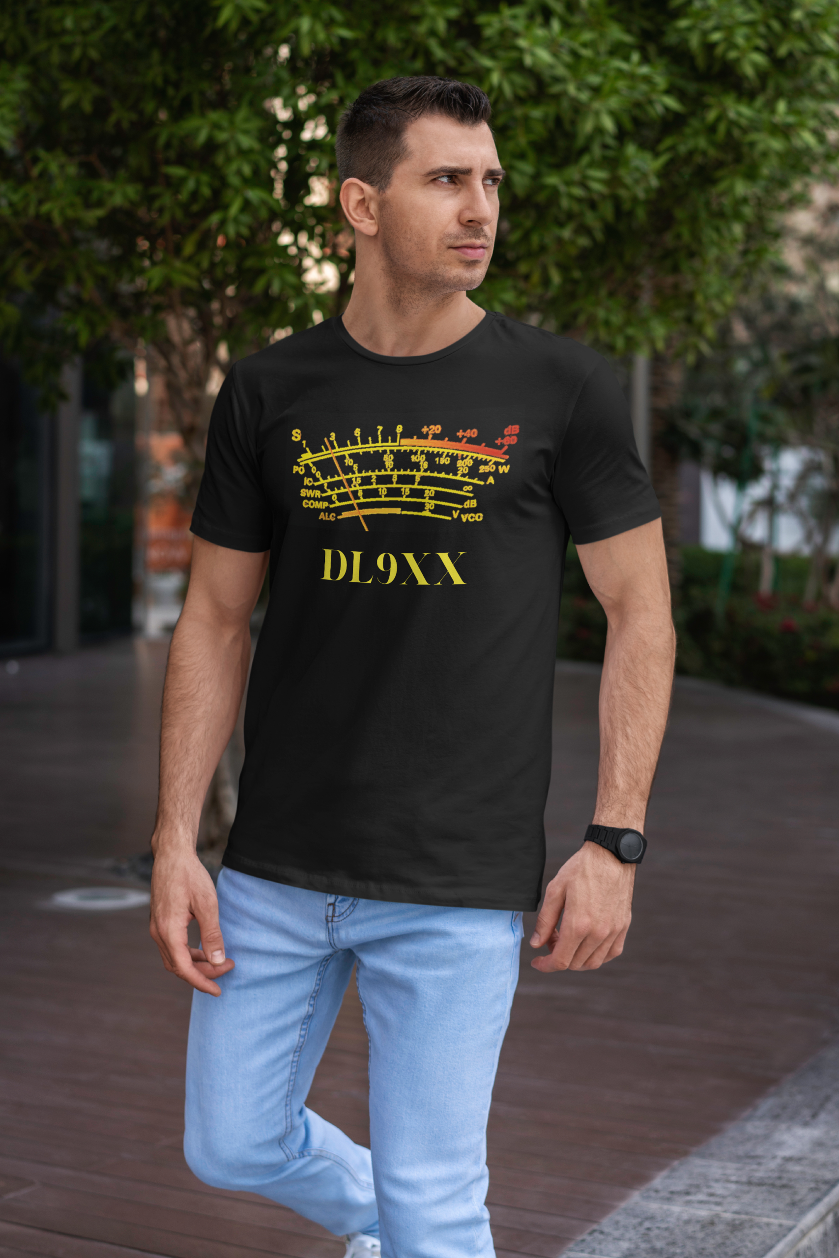 Ham radio T-shirt with custom call sign and S-meter design