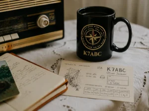 Ham radio QSL card displayed beside a callsign mug and radio equipment