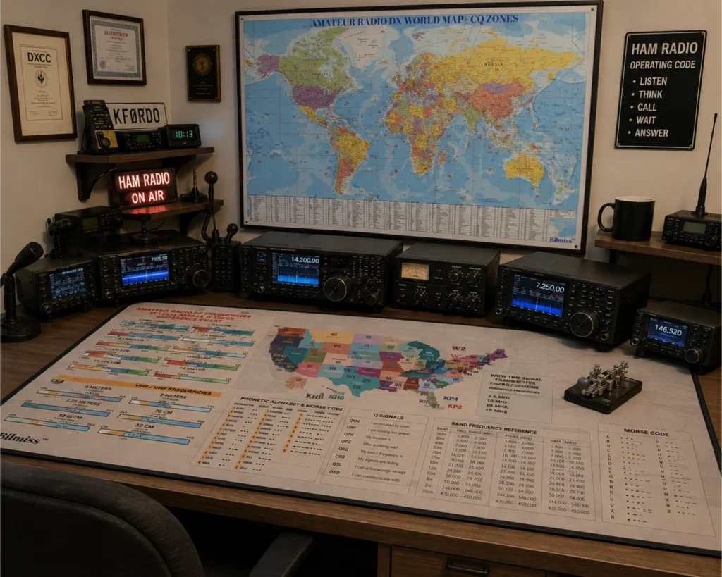 Ham radio desk mat with operating reference charts in an amateur radio shack setup