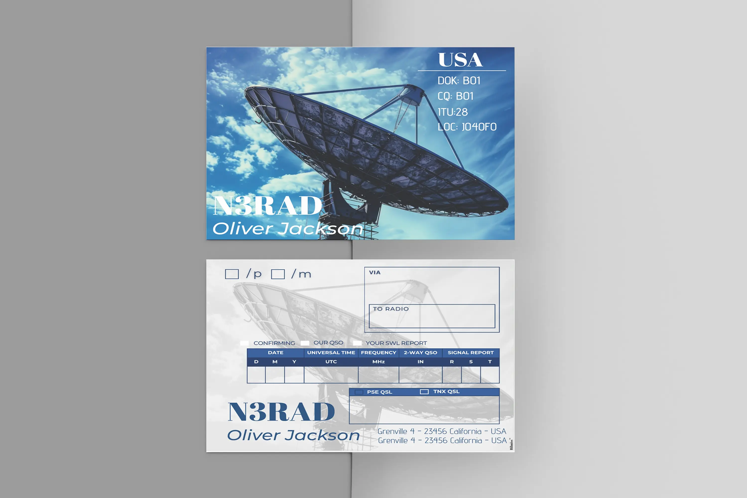 Front and back of a ham radio QSL card showing the callsign design and QSO information fields