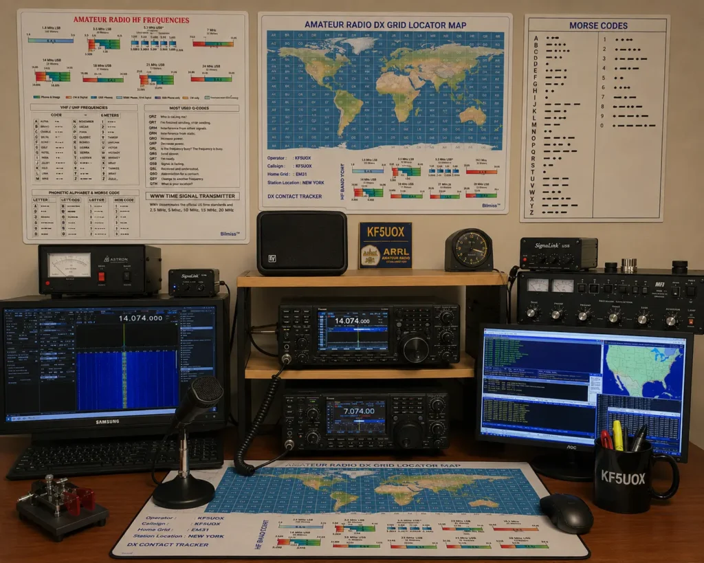 Ham radio shack setup with transceivers, computer screens, and amateur radio reference charts