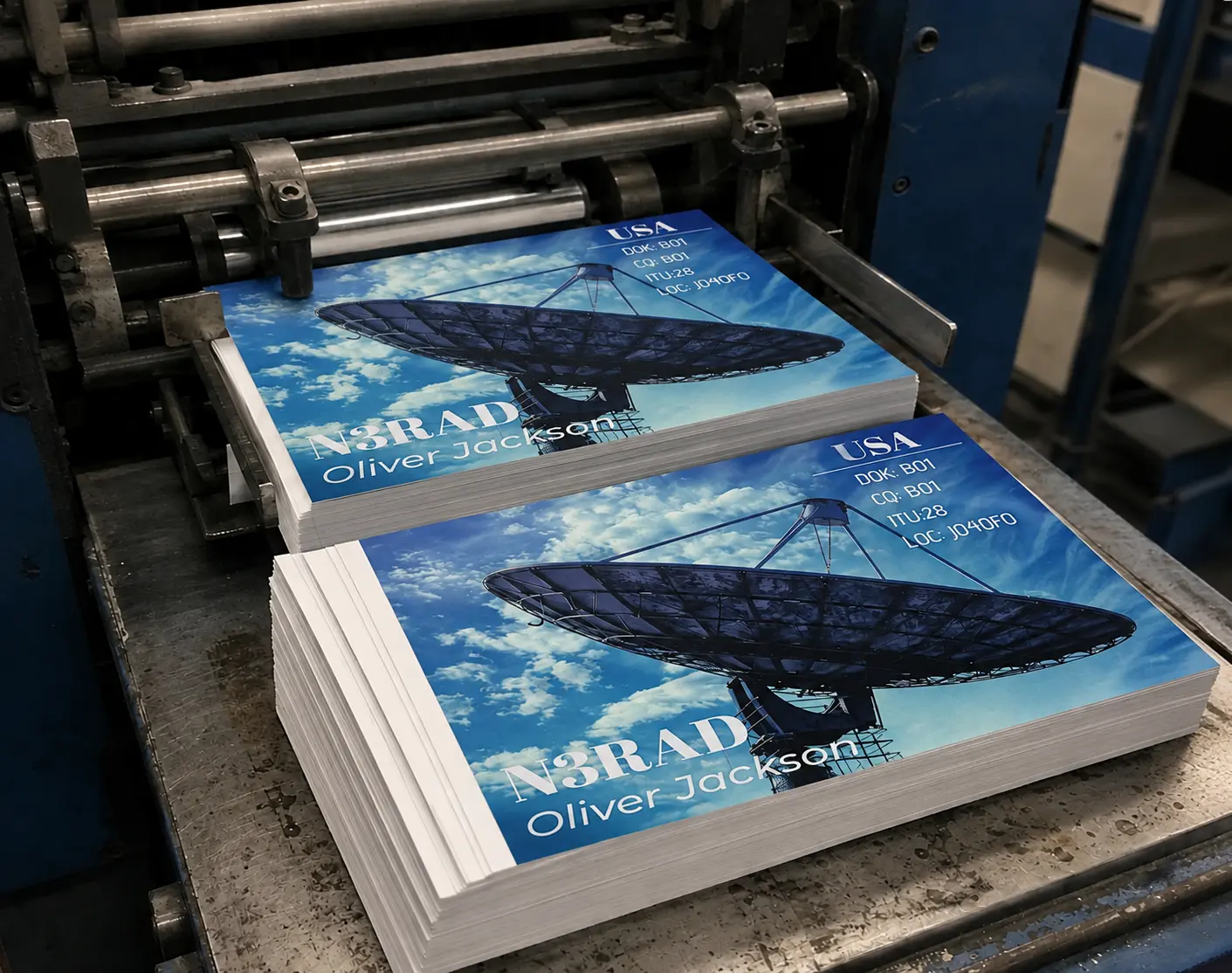 Printed ham radio QSL cards with radio telescope design during the printing process